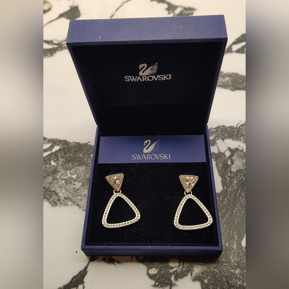 Swarovski Crystal Silver  Triangle Earrings NIB